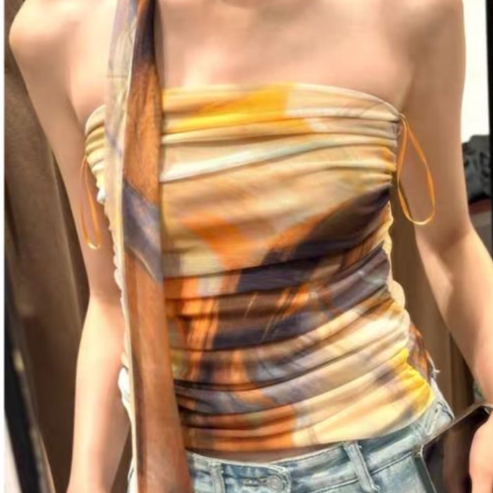 Zara Multicolor Strapless Blouse ruched sides neck tie